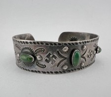 1930 Navajo Fred Harvey Silver Cerrillos Turquoise Whirling Log Thunderbird Cuff - Additional view 1