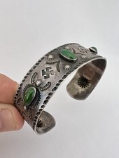 1930 Navajo Fred Harvey Silver Cerrillos Turquoise Whirling Log Thunderbird Cuff - Additional view 11