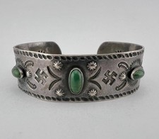 1930 Navajo Fred Harvey Silver Cerrillos Turquoise Whirling Log Thunderbird Cuff