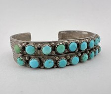 Vtg Fred Harvey Era Navajo Sterling Silver Turquoise Stamped 2 Row Cuff Bracelet - Additional view 1