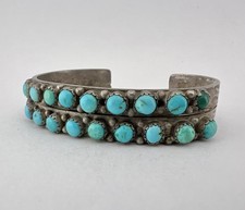 Vtg Fred Harvey Era Navajo Sterling Silver Turquoise Stamped 2 Row Cuff Bracelet - Additional view 2