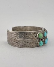 Vtg Fred Harvey Era Navajo Sterling Silver Turquoise Stamped 2 Row Cuff Bracelet - Additional view 3