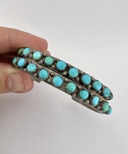 Vtg Fred Harvey Era Navajo Sterling Silver Turquoise Stamped 2 Row Cuff Bracelet - Additional view 6