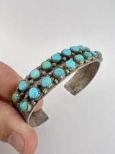 Vtg Fred Harvey Era Navajo Sterling Silver Turquoise Stamped 2 Row Cuff Bracelet - Additional view 7