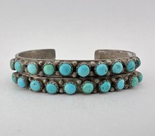 Vtg Fred Harvey Era Navajo Sterling Silver Turquoise Stamped 2 Row Cuff Bracelet