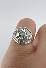 Vtg BELL TRADING POST Fred Harvey Era Sterling Silver Turquoise Thunderbird Ring - Additional view 1