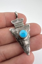 Vtg Fred Harvey Era Navajo Sterling Silver Turquoise Stamped Arrowhead Pendant - Additional view 1
