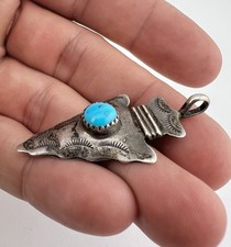 Vtg Fred Harvey Era Navajo Sterling Silver Turquoise Stamped Arrowhead Pendant - Additional view 3