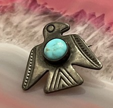 Early Native American Sterling Silver Fred Harvey Turquoise Thunderbird Pin .67” - Additional view 1