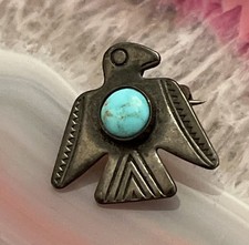 Early Native American Sterling Silver Fred Harvey Turquoise Thunderbird Pin .67”