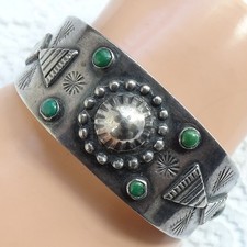 Vintage Fred Harvey Era Navajo Green Turquoise Thunderbird Cuff Bracelet T Bird - Additional view 1