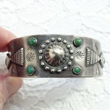 Vintage Fred Harvey Era Navajo Green Turquoise Thunderbird Cuff Bracelet T Bird - Additional view 11