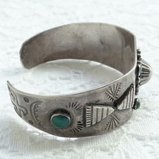 Vintage Fred Harvey Era Navajo Green Turquoise Thunderbird Cuff Bracelet T Bird - Additional view 3