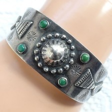 Vintage Fred Harvey Era Navajo Green Turquoise Thunderbird Cuff Bracelet T Bird
