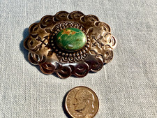 VTG NAVAJO FRED HARVEY ERA STERLING TURQUOISE CROSSED ARROWS STAMPED CONCHO PIN