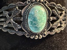 VTG NAVAJO OPEN BACK  STERLING F HARVEY TURQ CROSSED ARWS & THUNDERBIRD BRACELET - Additional view 7