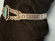VINTAGE FRED HARVEY ERA STERLING TURQUOISE LIGHTNING / SUN STAMPED BRACELET - Additional view 11