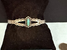 VINTAGE FRED HARVEY ERA STERLING TURQUOISE LIGHTNING / SUN STAMPED BRACELET