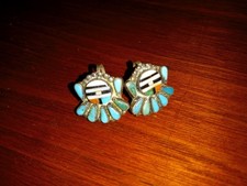 Vintage Fred Harvey Era Zuni Coral/Turquoise Inlay Sun Face Sterling Screw Back - Additional view 1