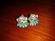 Vintage Fred Harvey Era Zuni Coral/Turquoise Inlay Sun Face Sterling Screw Back