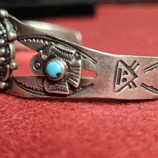 Vtg Fred Harvey Era Navajo Thunderbird Turquoise Stamped Sterling Silver Cuff - Additional view 2