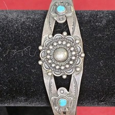 Vtg Fred Harvey Era Navajo Thunderbird Turquoise Stamped Sterling Silver Cuff - Additional view 3