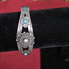 Vtg Fred Harvey Era Navajo Thunderbird Turquoise Stamped Sterling Silver Cuff - Additional view 7