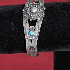 Vtg Fred Harvey Era Navajo Thunderbird Turquoise Stamped Sterling Silver Cuff - Additional view 8