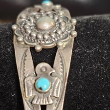 Vtg Fred Harvey Era Navajo Thunderbird Turquoise Stamped Sterling Silver Cuff - Additional view 9