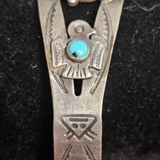Vtg Fred Harvey Era Navajo Thunderbird Turquoise Stamped Sterling Silver Cuff - Additional view 10