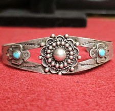 Vtg Fred Harvey Era Navajo Thunderbird Turquoise Stamped Sterling Silver Cuff