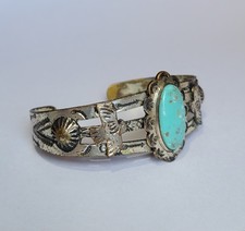 Fred Harvey Era Southwestern Thunderbird Nickel Silver Turquoise Cuff Bracelet - Additional view 1