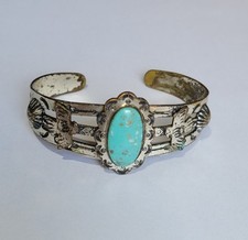 Fred Harvey Era Southwestern Thunderbird Nickel Silver Turquoise Cuff Bracelet - Additional view 2
