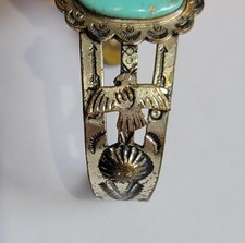 Fred Harvey Era Southwestern Thunderbird Nickel Silver Turquoise Cuff Bracelet - Additional view 11
