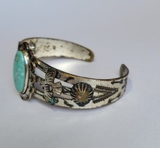 Fred Harvey Era Southwestern Thunderbird Nickel Silver Turquoise Cuff Bracelet - Additional view 3