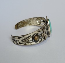 Fred Harvey Era Southwestern Thunderbird Nickel Silver Turquoise Cuff Bracelet - Additional view 4