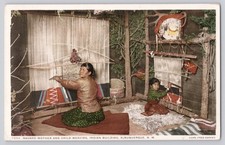 Navaho Mother & Child Weaving, Indians Albuquerque NM Fred Harvey Postcard