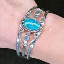 Native American Fred Harvey Blue Gem Turquoise Cuff Sterling Silver Bracelet