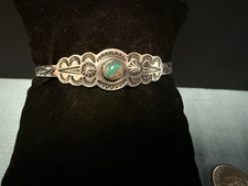 VTG NAVAJO STERLING F HARVEY TURQ STAMPED SWIM BIRD / LIGHTNING BRACELET