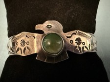 VTG F HARVEY ERA STERLING TURQUOISE FULL OPEN WING THUNDERBIRD  STAMPED BRACELET - Additional view 1