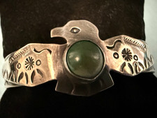 VTG F HARVEY ERA STERLING TURQUOISE FULL OPEN WING THUNDERBIRD  STAMPED BRACELET - Additional view 2