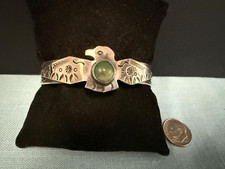 VTG F HARVEY ERA STERLING TURQUOISE FULL OPEN WING THUNDERBIRD STAMPED BRACELET