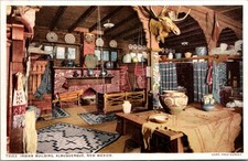 Indian Building Interior Navajo Blankets Albuquerque NM Fred Harvey Postcard