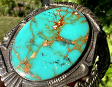 Vtg FRED HARVEY ERA SOUTHWESTERN TURQUOISE cuff bracelet sterling 6.75 signed