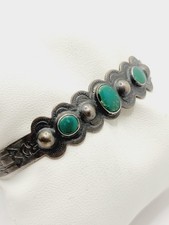 Vintage Fred Harvey Era Native American Coin Silver Turquoise Cuff Bracelet - Additional view 1