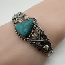 VTG Fred Harvey Era Navajo Sterling Stamped Turquoise Cuff Bracelet 15.8g #gbk
