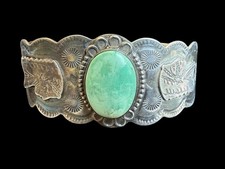 Older Fred Harvey Era Native American Chief Head Sterling Turquoise Cuff - Additional view 17