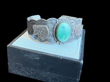 Older Fred Harvey Era Native American Chief Head Sterling Turquoise Cuff - Additional view 7