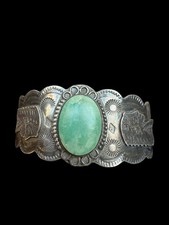 Older Fred Harvey Era Native American Chief Head Sterling Turquoise Cuff - Additional view 10