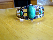 Vintage Fred Harvey Navajo Green Turquoise Silver Cuff Bracelet w/Thunderbirds - Additional view 1